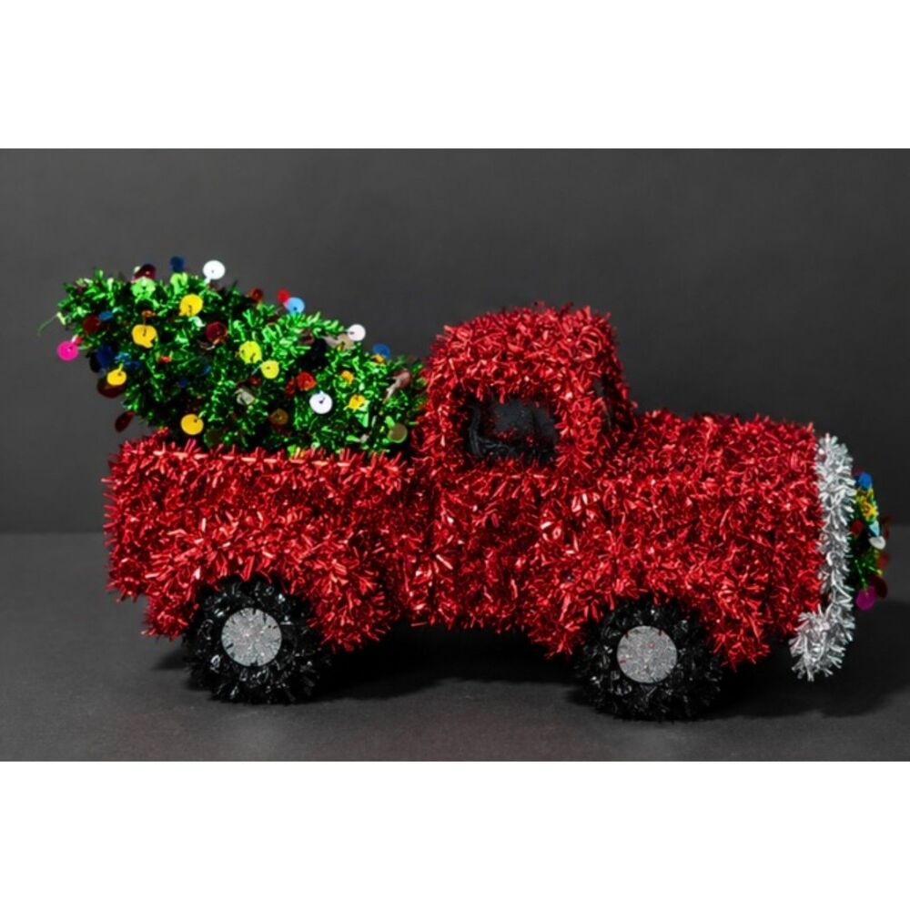 Red Tinsel Christmas Truck Tree Tabletop Decor Sequin Wreath 10.5" Holiday